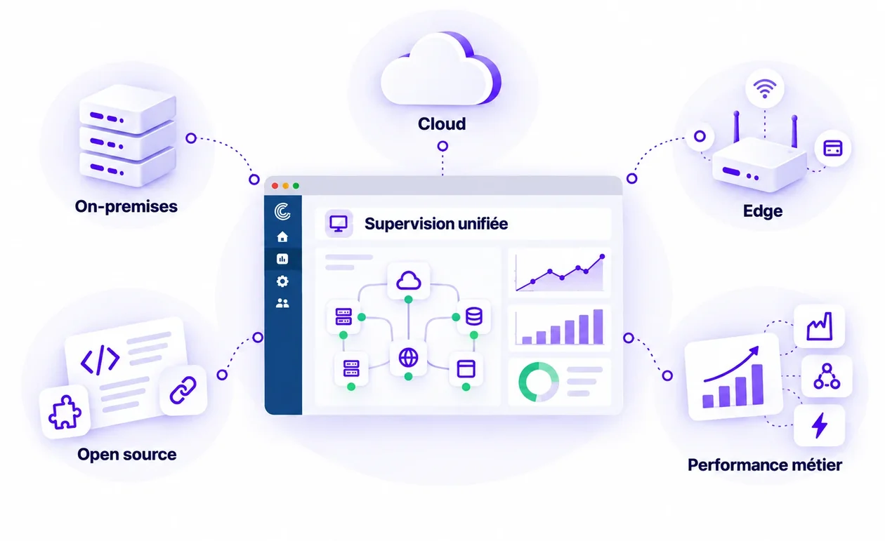 Illustration: Centreon's unified monitoring connected to on-premises, cloud, edge, open source and business performance