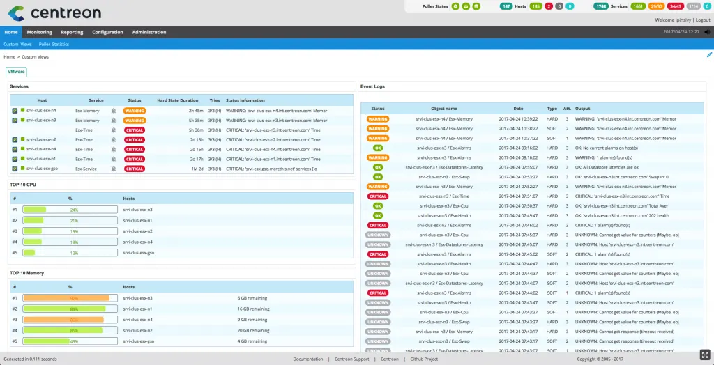 Finished Centreon custom view for ESX servers: non-OK services, TOP 10 CPU and TOP 10 Memory widgets alongside the Event Logs widget