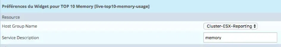 Préférences du widget TOP 10 Memory : groupe d'hôtes Cluster-ESX-Reporting et filtre sur le service memory