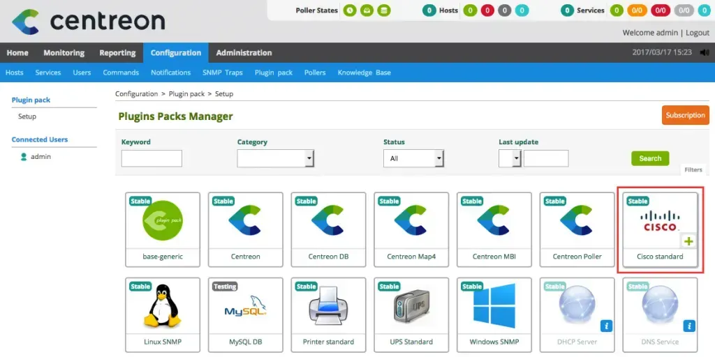 Centreon Plugin Packs Manager (Configuration > Plugin pack > Setup) listing available packs, with Cisco standard highlighted