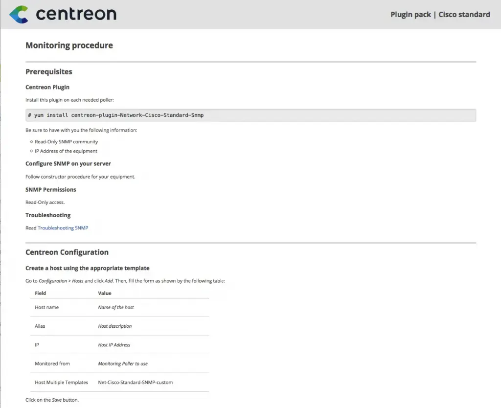 Cisco standard monitoring procedure: install centreon-plugin-Network-Cisco-Standard-Snmp, SNMP prerequisites, then create a host with the Net-Cisco-Standard-SNMP-custom template
