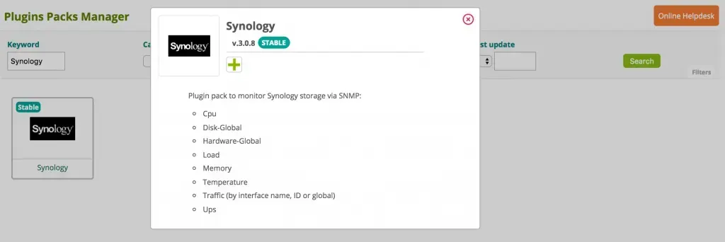 Synology Plugin Pack 3.0.8, Stable: SNMP monitoring of CPU, disks, hardware, load, memory, temperature, interface traffic and UPS