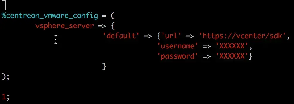 Centreon VMware connector configuration file: vsphere_server entry named default with the vCenter SDK URL, username and password