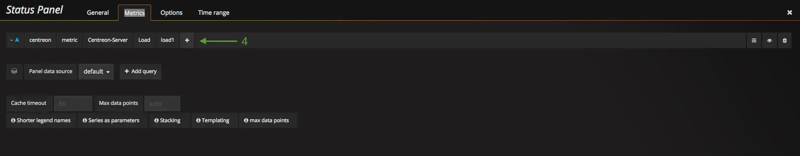 Grafana Status Panel, Metrics tab: query on the load1 metric of the Centreon-Server Load service