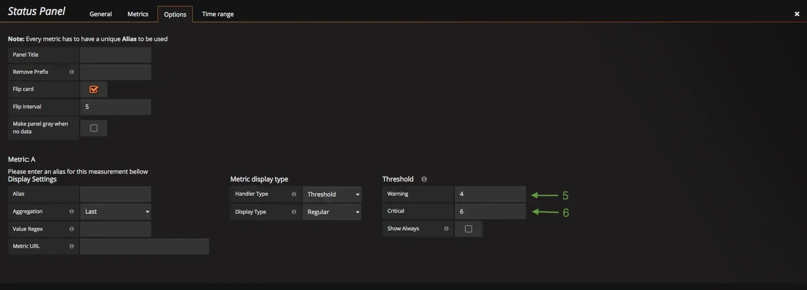 Grafana Status Panel, Options tab: threshold handler with warning set to 4 and critical set to 6, matching the Centreon thresholds