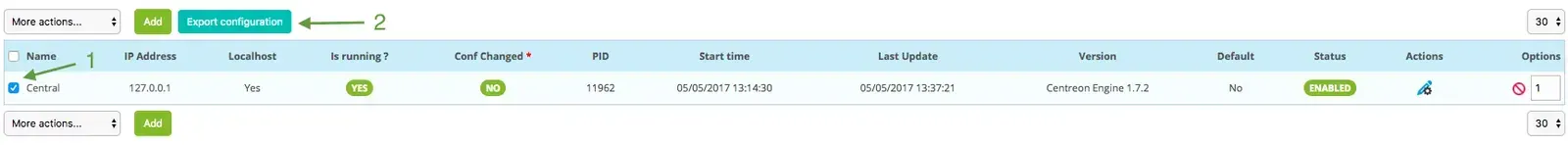 Centreon Configuration > Pollers list with the Central poller selected and the Export configuration button