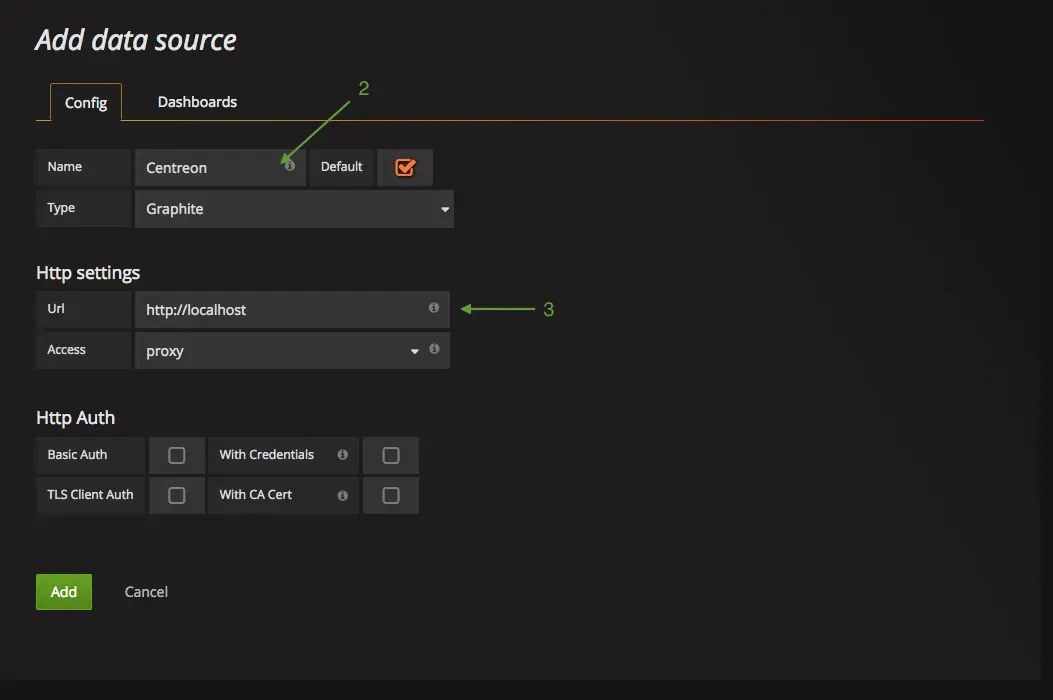 Grafana Add data source form: data source named Centreon, type Graphite, URL http://localhost with proxy access