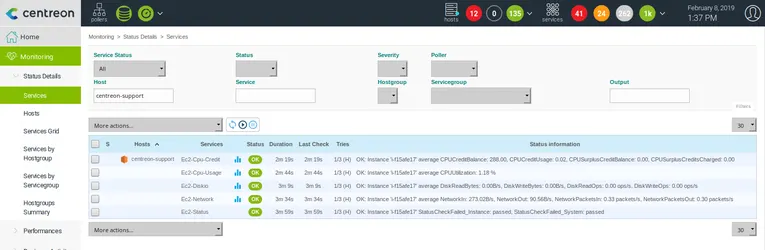 Centreon Monitoring > Status Details > Services for the EC2 instance: Cpu-Credit, Cpu-Usage, Diskio, Network and Status services all OK