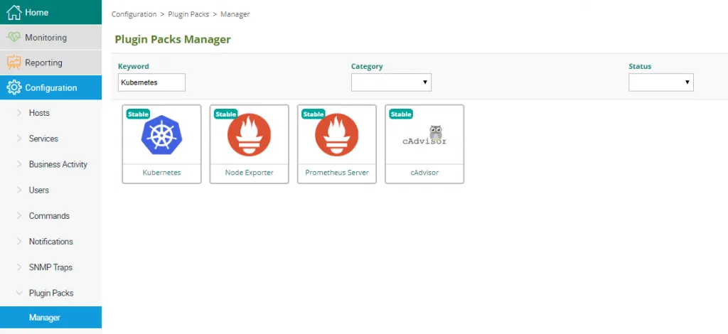 Centreon Plugin Packs Manager filtered on kubernetes: Kubernetes, Node Exporter, Prometheus Server and cAdvisor Plugin Packs, all Stable