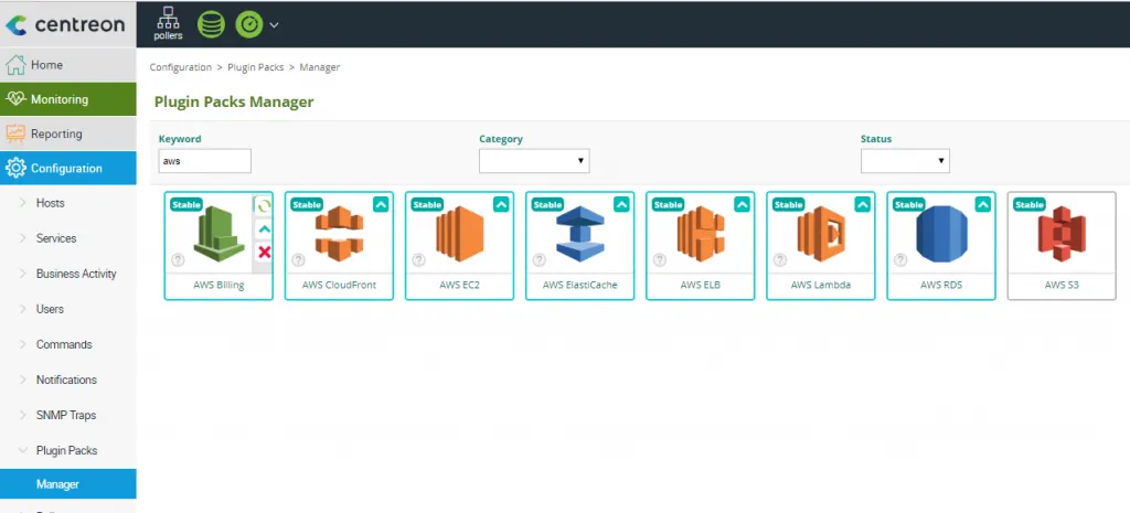 Centreon Plugin Packs Manager filtered on aws: AWS Billing, CloudFront, EC2, ElastiCache, ELB, Lambda, RDS and S3 Plugin Packs, all Stable