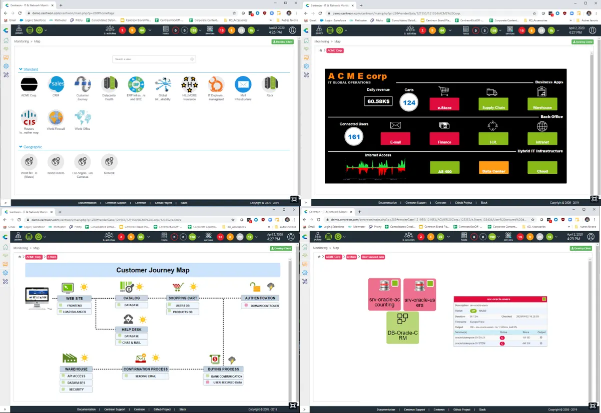 Four Centreon MAP views: application service overview, ACME corp business dashboard, Customer Journey Map and an Oracle database drill-down