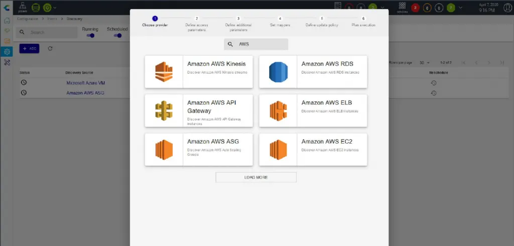 Assistant d'auto-découverte de Centreon 20.04 : choix du fournisseur parmi Amazon AWS Kinesis, RDS, API Gateway, ELB, ASG et EC2