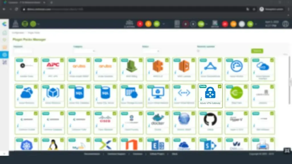Centreon Plugin Packs Manager with the Azure VPN Gateway Plugin Pack installed, marked Stable