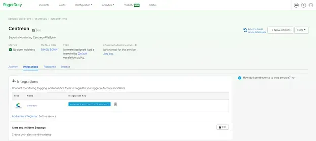 Centreon service page in PagerDuty, Integrations tab showing the Centreon integration and its generated integration key