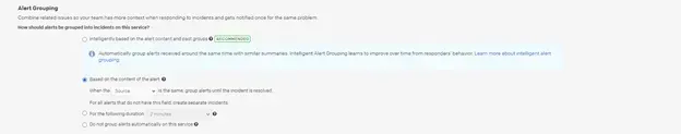 PagerDuty Alert Grouping settings: alerts grouped into a single incident based on their Source until the incident is resolved
