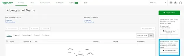 PagerDuty Incidents on All Teams page, with the Add new services button highlighted in the Next Steps panel