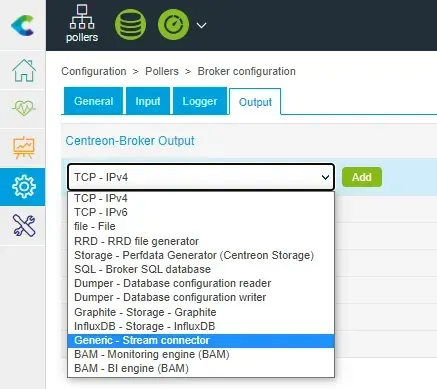 Centreon Broker configuration, Output tab: list of output types with Generic - Stream connector selected