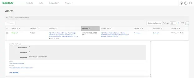 PagerDuty Alerts page showing a resolved critical alert sent by Centreon for a Nutanix storage pool usage, with its custom details