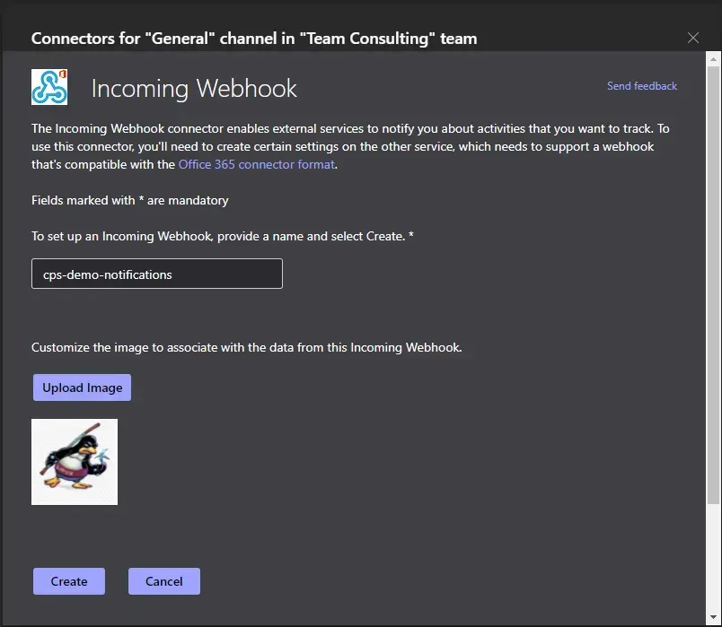 Incoming Webhook configuration in Microsoft Teams: connector named cps-demo-notifications with a custom image