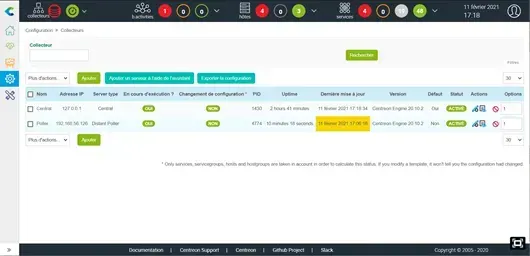 Centreon Configuration > Pollers page: the remote poller's last update time is highlighted in yellow because it is older than 15 minutes
