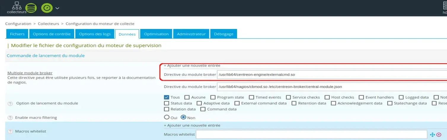 Centreon engine configuration form, Data tab, with the multiple broker module directive pointing to /usr/lib64/centreon-engine/externalcmd.so highlighted