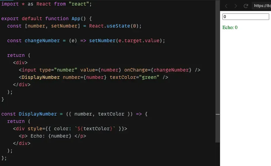 React code passing the number state and a textColor property from the App component to its DisplayNumber child component