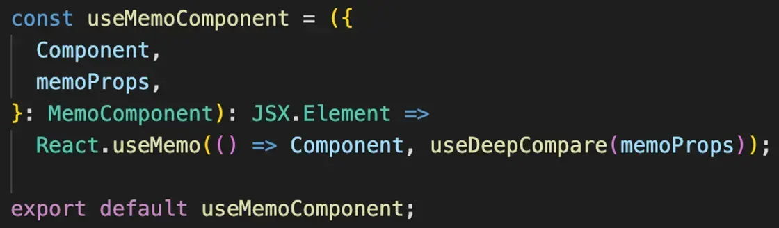 Custom useMemoComponent hook memoizing a component with React.useMemo and a deep comparison of its properties