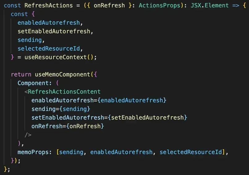 React RefreshActions component using the useMemoComponent hook, re-rendered only when sending, enabledAutorefresh or selectedResourceId change