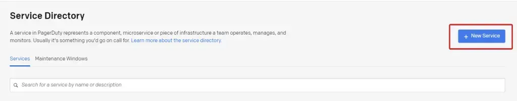 PagerDuty Service Directory with the New Service button highlighted