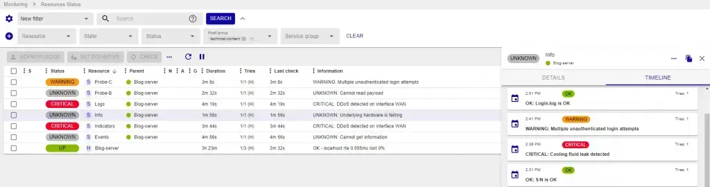 Centreon Resources Status with the timeline of the Blog-server Info service in the side panel, from CRITICAL back to OK