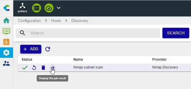 Centreon Host Discovery job list: a completed Nmap subnet scan with its Display the job result button