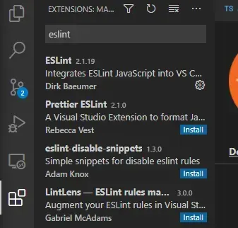 VS Code extension manager searching for eslint, with the ESLint 2.1.19 extension by Dirk Baeumer at the top of the results