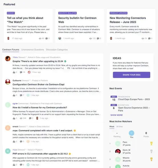 The Watch home page: featured survey, security bulletin and monitoring connector release, latest forum topics, ideas, upcoming events and most active Watchers