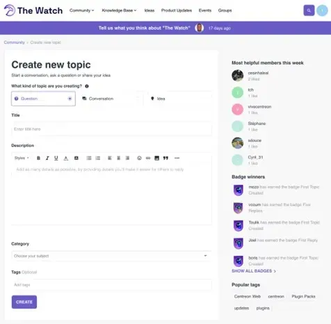 Create new topic form in The Watch: choice between question, conversation or idea, title, description, category and tags