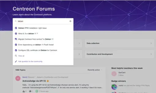 Centreon Forums search in The Watch: typing debian suggests existing topics such as Debian RPM installation or migrating Centreon from CentOS 7 to Debian 11
