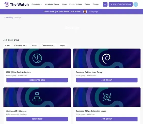 Groups page of The Watch: MAP (Web) Early Adopters, Centreon Debian User Group, Centreon IT-100 users and Centreon AIOps Extension Users groups to join