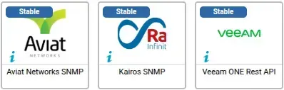 3 new Centreon monitoring connectors in March 2026, all Stable: Aviat Networks SNMP, Kairos SNMP and Veeam ONE Rest API