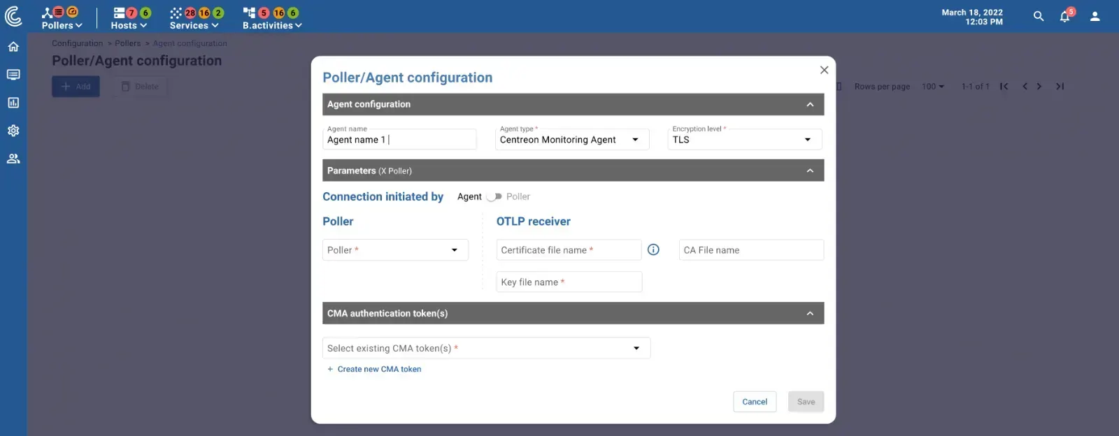 Centreon Poller/Agent configuration dialog for a Centreon Monitoring Agent: TLS encryption, connection initiated by agent or poller, OTLP receiver certificates and CMA authentication tokens