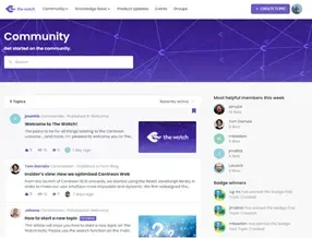 Homepage of The Watch, the Centreon user community platform: community topics, most helpful members of the week and badge winners