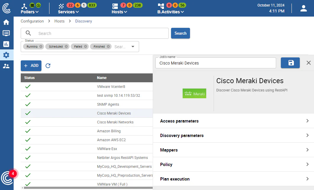 Centreon host discovery: Cisco Meraki devices discovery job